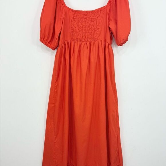 Style House Coral Red Puff Sleeve Keyhole Tie Bust Lacy Hem Maxi Peasant Dress - Picture 9 of 15